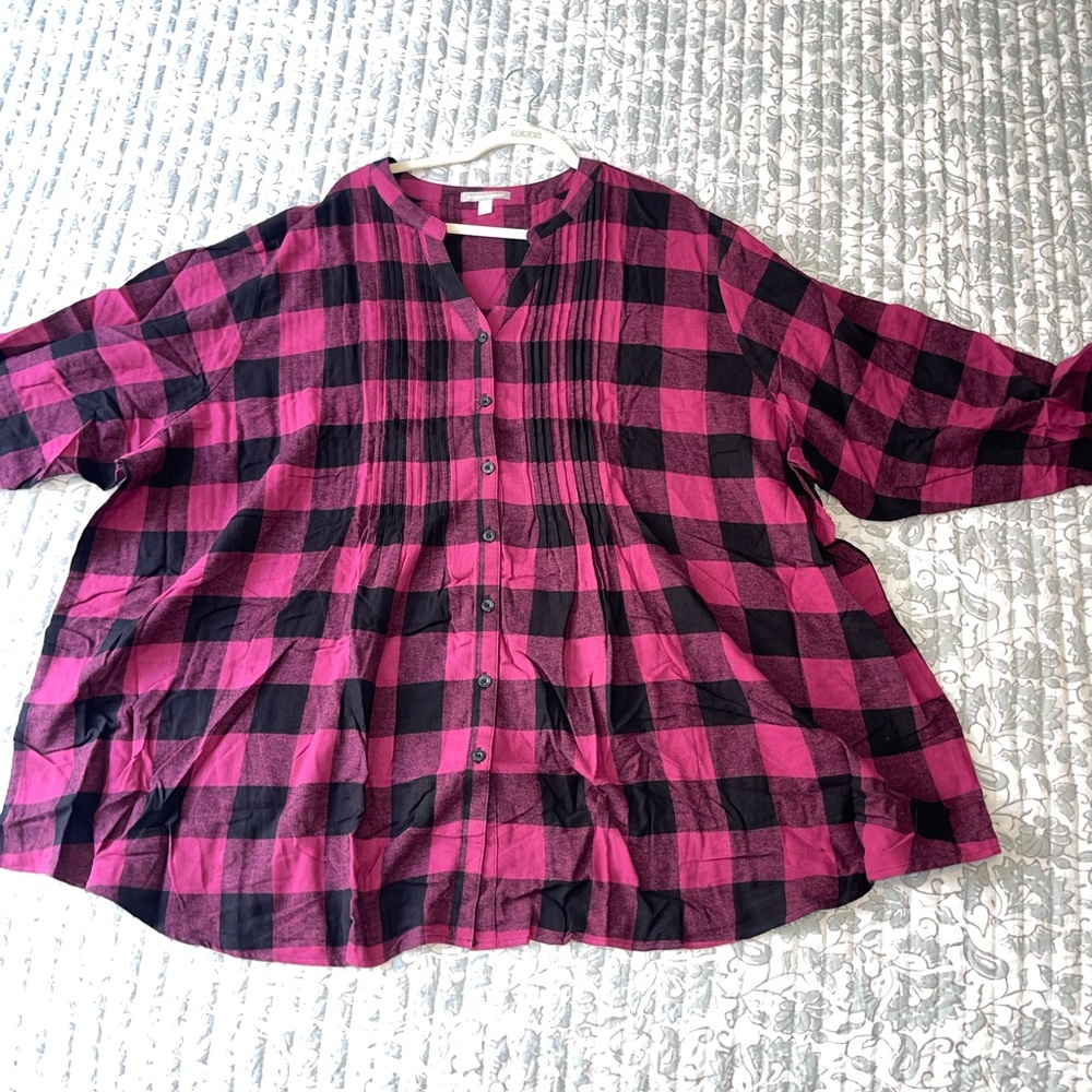 Woman Within Pink and Black Plaid Long Sleeve Top